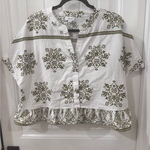 CeCe White and Green Patterned Blouse 100% Cotton
